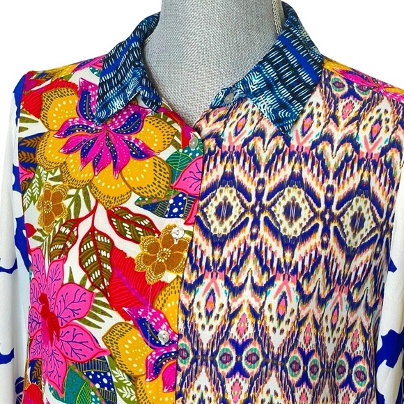 ROSE + OLIVE Blouse M Button Up Long Sleeve Mixed Media Top - Picture 8 of 12